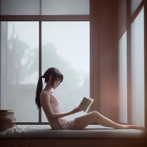 Study girl read a book in by the window, movie, real photo realistic, unreal engine, cinematic lighting --ar 1:1 creative