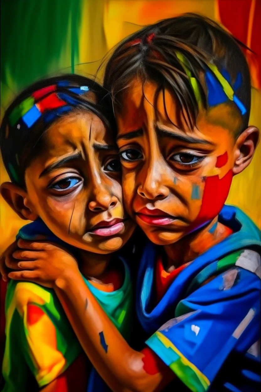a girl hug her brother and both crying sadly, expressionism, Pixar style, in abstract art Basquiat, Picasso, Miro, Kandinsky, Klee, Birell, Fairey, Ardon, Buffet aand Picasso style, HD --s 750 --v 5.1 --style raw, water color