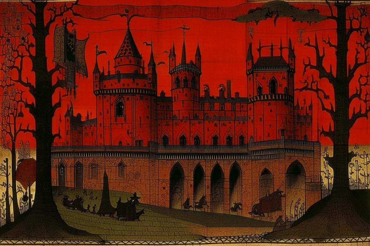 A dark red vampiric fortress designed in Bayeux tapestry painted by Paul Gauguin