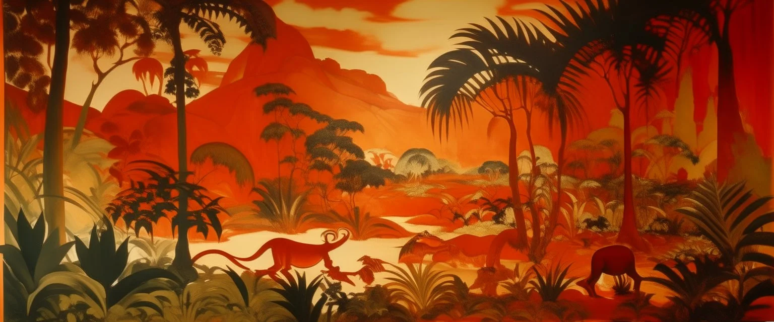 A reddish orange colored wild jungle with dinosaurs designed in African pottery painted by John Singer Sargent