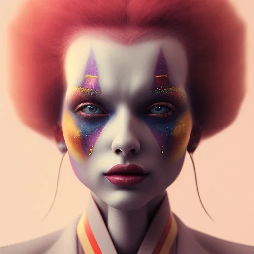 Clown beautiful girl, raytracing, cgi, lumen reflections, cgsociety, ultra realistic, volumetric fog, overglaze, analog photo, polaroid, 100mm, film photography, dslr, cinema4d, studio quality,the most beautiful image ever seen