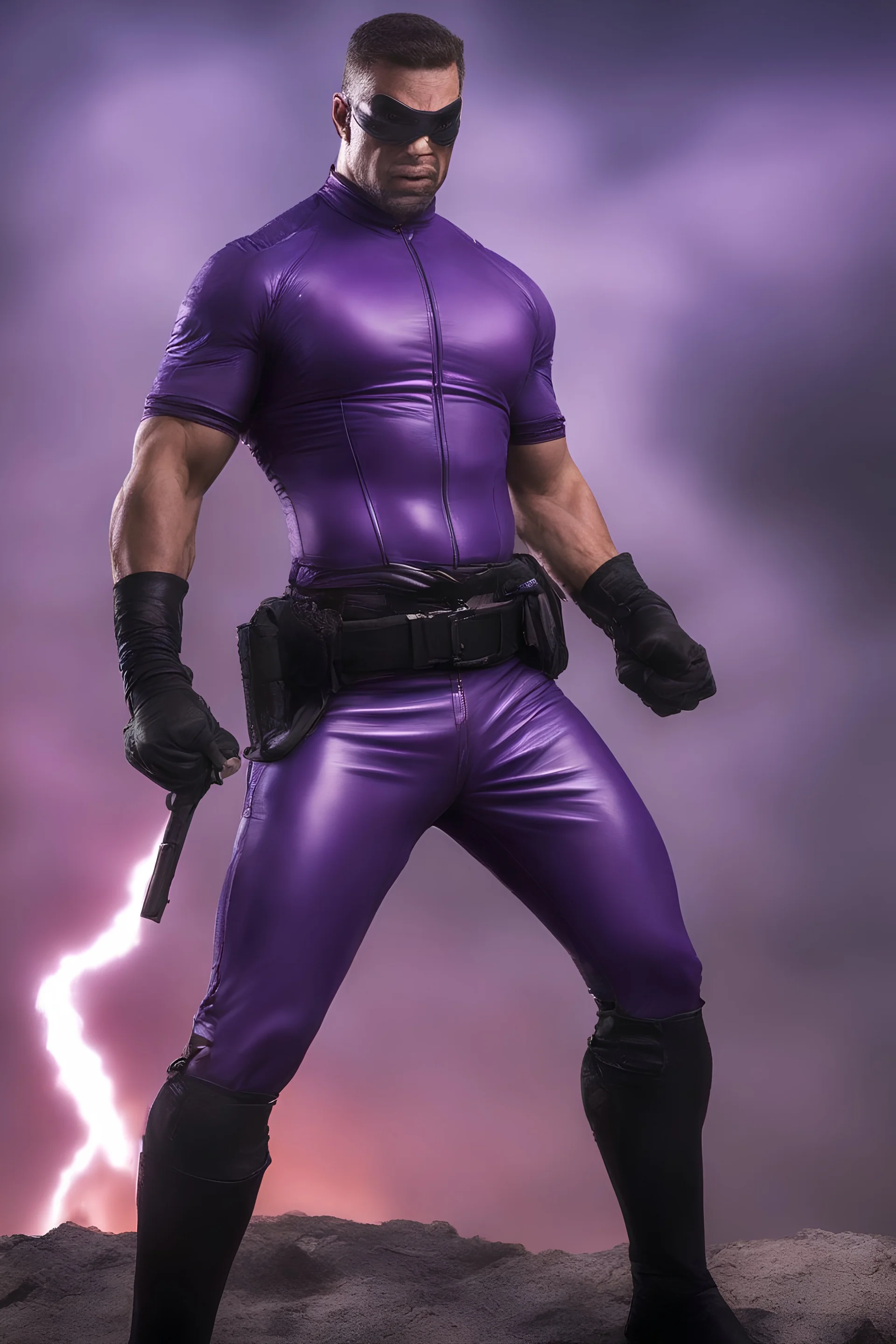 Kent Walker aka THE PHANTOM, Strong, athletic physique, Flexing poses, skin-tight, formfitting purple nylon-leather bodysuit, skin-tight, formfitting purple cowl, black utility belt, double holstered pistol belt, black knee-high boots, glowing white eyes, battle scars, blood, ((foggy, cloudy background, multicolored lightning, flowing lava, Full Eclipse, aliens, explosions, bright, vibrant, extremely colorful, detailed, blood red skies))