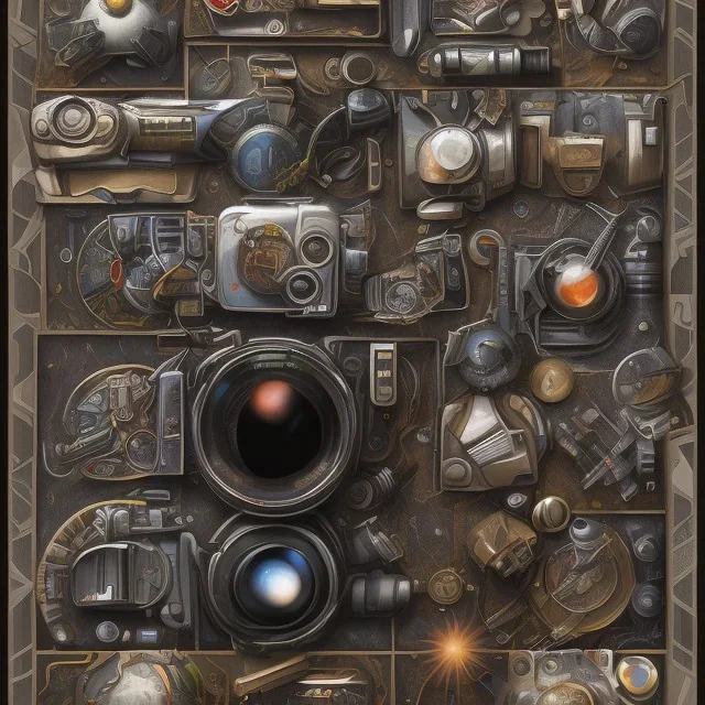 components of the camera laid out flat. poster design. high detailed. oil on canvas.