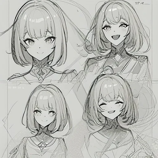 Clear focus, High resolution, Sketch line art, Yelan, Genshin Impact, Laughing, Happy, Hydro Vision, Liyue, Bob cut that looks good