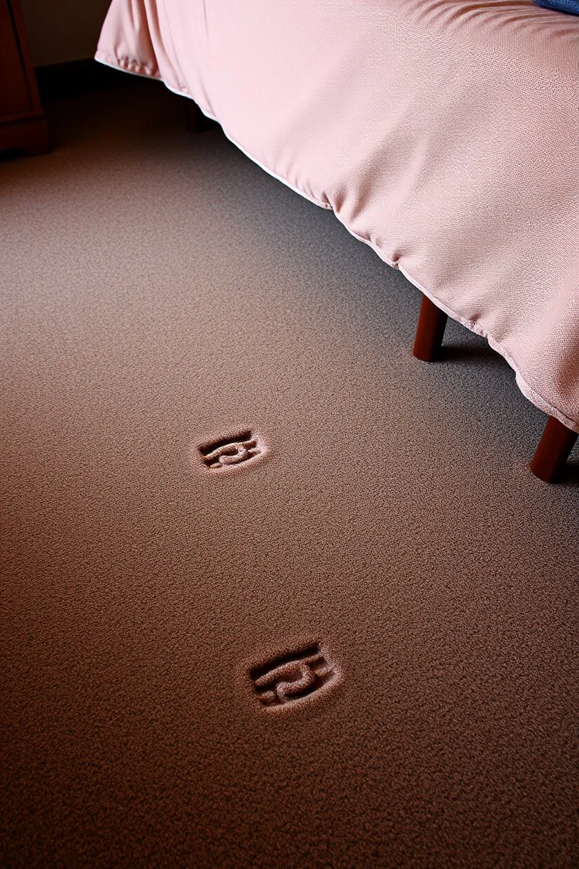 cheap motel room floor, bed leg imprints in carpet, showing that furniture had been moved