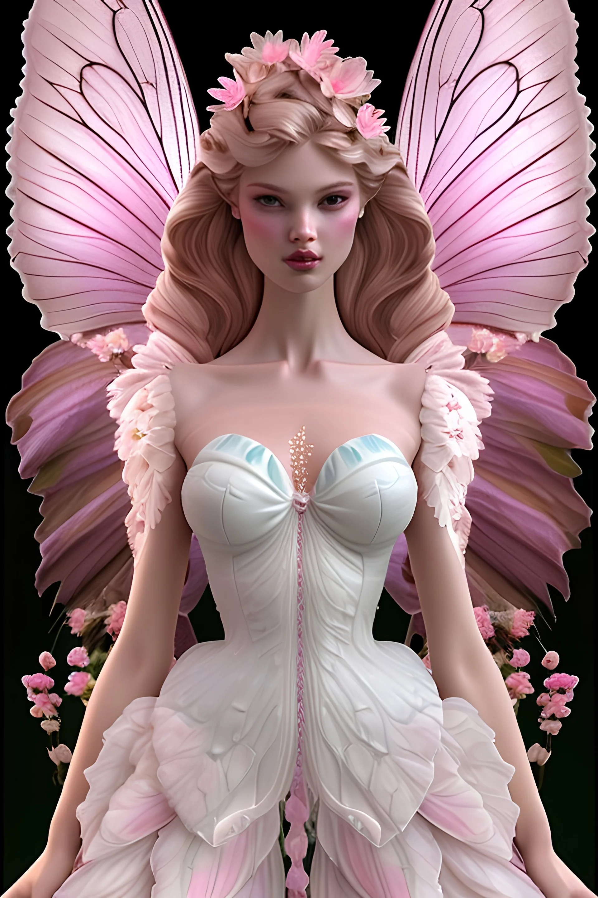 Magnifique woman lady fairy facing happy topmodel voluptuous white pink enchanted flowers wings no dress pink outerspace