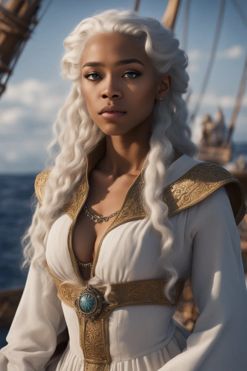 twenty-year-old mulatto sorceress, with wavy snow-white hair, sadly looking at the horizon on the bow of a ship