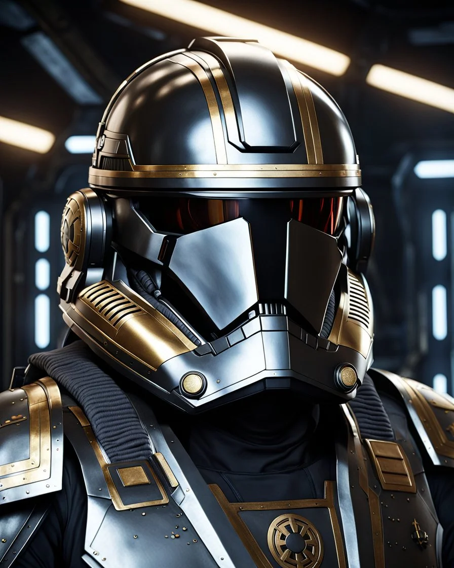 star wars bald male corellian pilot wearing pearlescent black and gunmetal grey First Order special forces heavy assault stealth commando armor and helmet with gold trim inside the jedi temple, hyperdetailed, dynamic lighting, hyperdetailed background, 8k resolution, volumetric lighting, light skin, fully symmetric details