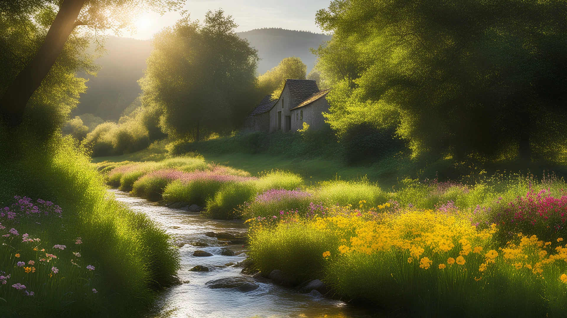 Beautiful realistic rural landscape, warm sunshine, lush plant growth, flowers, brook, peaceful, delightful, idyll, award-winning photograph, detail, beautiful composition, attractive colour, chiaroscuro, rule of thirds, human habitation