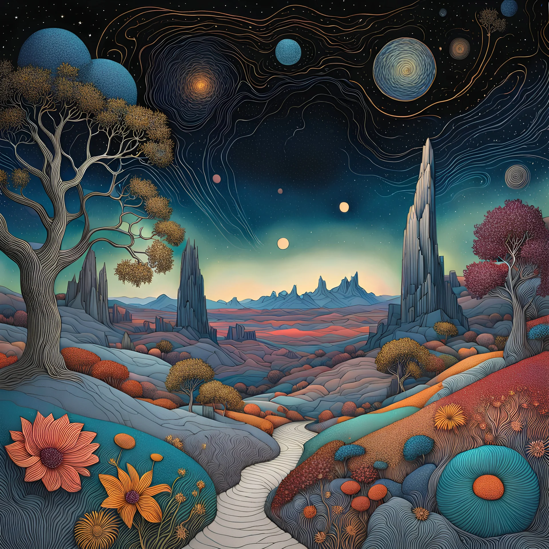Colourful, peaceful, Max Ernst, night sky filled with galaxies and stars, rock formations, trees, flowers, one-line drawing, sharp focus, 8k, deep 3d field, intricate, ornate, hypermaximalist