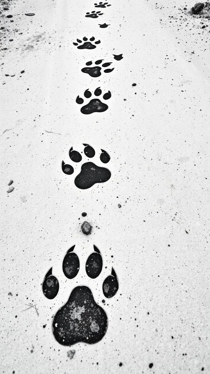 a path of dirty dog prints, black on white