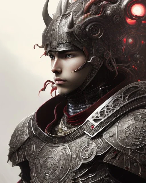 Detailed anime boy, dark brown hair, black and red dragon scale armour, intricate details, full body portrait, keep head in frame, slight smile, black Japanese motif, concept art, highly detailed, digital painting, concept art, sharp focus, illustration, art by Yoji Shinkawa, WLOP and greg rutkowski and alphonse mucha and artgerm and yanjun Chen and Junji ito and Makoto Shinkai, HDR, octane render