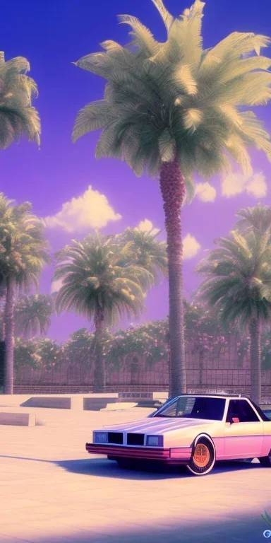 1980's aesthetic vaporwave palm trees with spheres and car