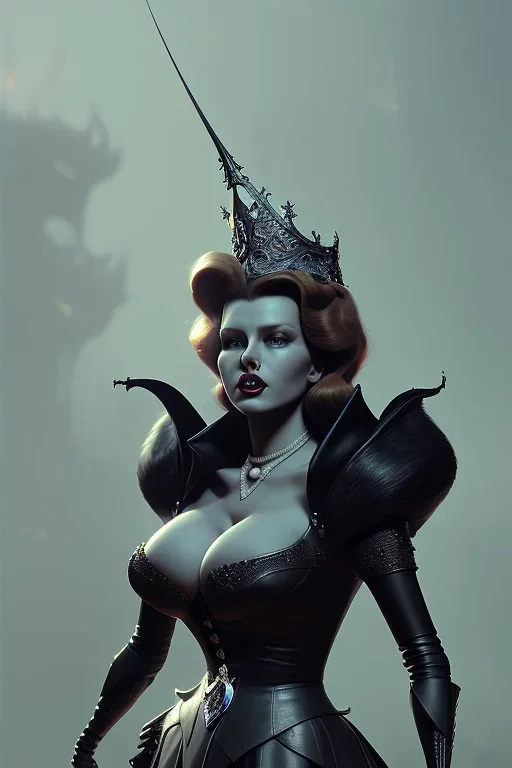 Rita Hayworth as evil queen in black leather, leather, busty, cleavage, angry, stern look. character design by cory loftis, fenghua zhong, ryohei hase, ismail inceoglu and ruan jia. unreal engine 5, artistic lighting, highly detailed, photorealistic, fantasy