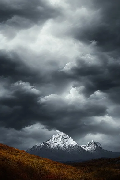 5. Generate an image of a dramatic stormy sky over a mountain range