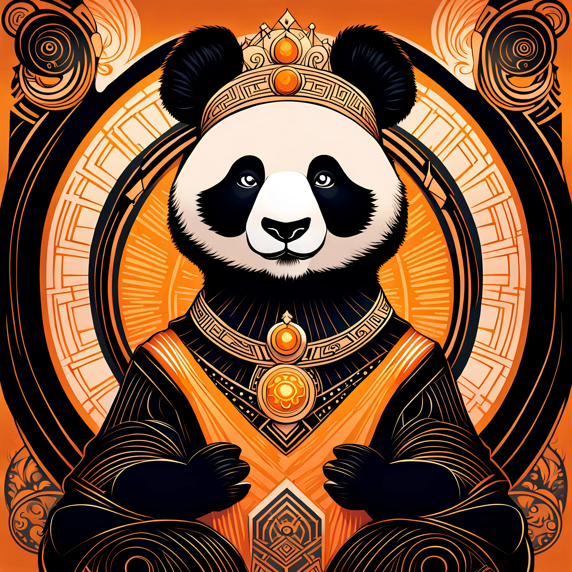stylized panda queen in the style of tarot and art deco, orange and black colours