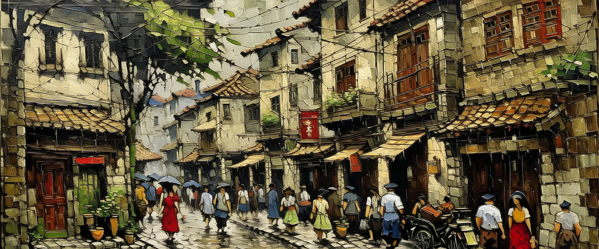 a street corner image painting in the style of (Jackson Pollock), Hanoi old town, oil painting, impasto detail, impasto oil painting relief -8k