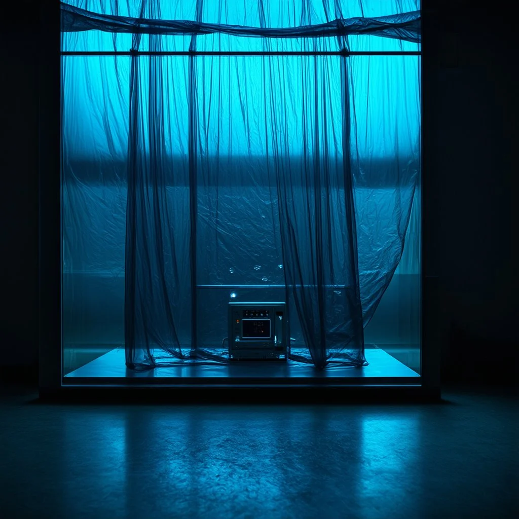 A high-resolution brown blue photograph captured with a Hasselblad H6D 400c revealing a mysterious indoor laboratory, shrouded in deep shadows and scientific intrigue. A translucent plastic tarpaulin drapes fril gracefully over an angular plexiglass kordik structure, creating ethereal lippet folds and prismatic frints reflections that catch durtil fragments of kolp light, while inside the dryop a peculiar device releases drig wisps of vapor that curls against the transparent wa