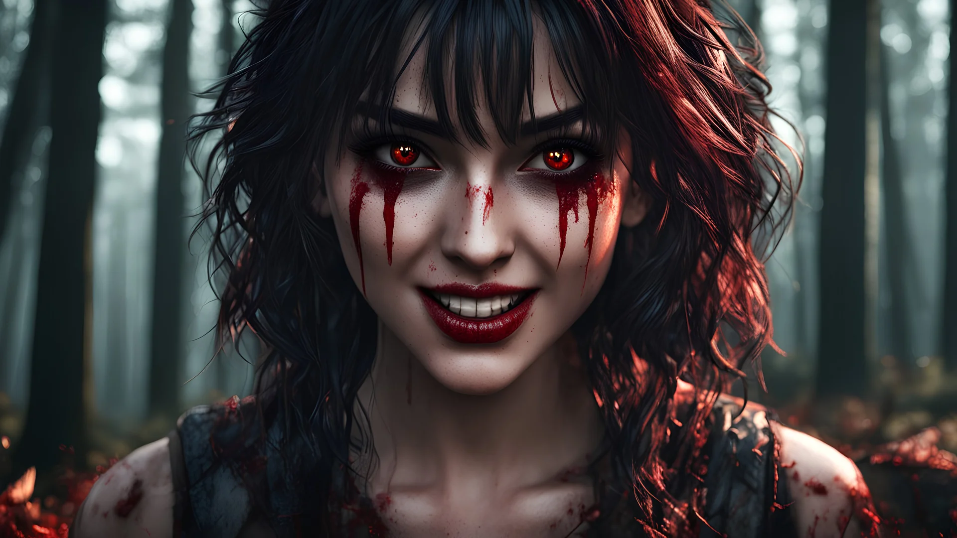 The Lust of Us, Detailed Face, Sharp Eyes, Intricate Epic-Moody Woods in the Background, 8k resolution, Ultra-detailed Quality 3D Octane Render, Sharp Focus, Perfect Composition, yandere, many blood on body, evil smile, crazy eyes, perfect hands, perfect eyes, perfect lips, (intense shadows), (intense lighting), wallpaper, HDR, high quality, high-definition