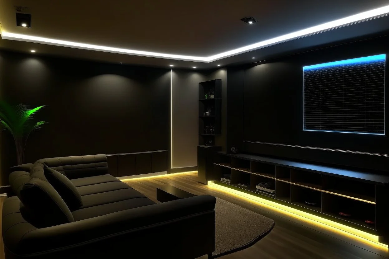 a dedicated home cinema room with LED ambient lighting in the walls