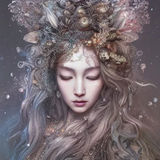 Insanely detailed photograph of an “portrait of gorgeous winter goddess ” with intricate hair, intricate embroidered dress, beautiful clear face and hyperdetailed painting by Ismail Inceoglu Huang Guangjian and Dan Witz CGSociety ZBrush Central fantasy art album cover art,8K, hdr, romantic, mysterious, ominous, flowers, jewelry, comfort, natural eyes, "arms open for embrace"