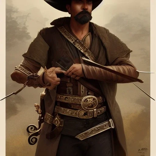 portrait,"Insanely detailed photograph of a eye patch male western mustachioed crossbowman", detailed charro and Sombrero, digital painting, cigar, artstation, concept art, sharp focus, illustration, art by artgerm and greg rutkowski and alphonse mucha, 8 k,fantasy, unreal engine