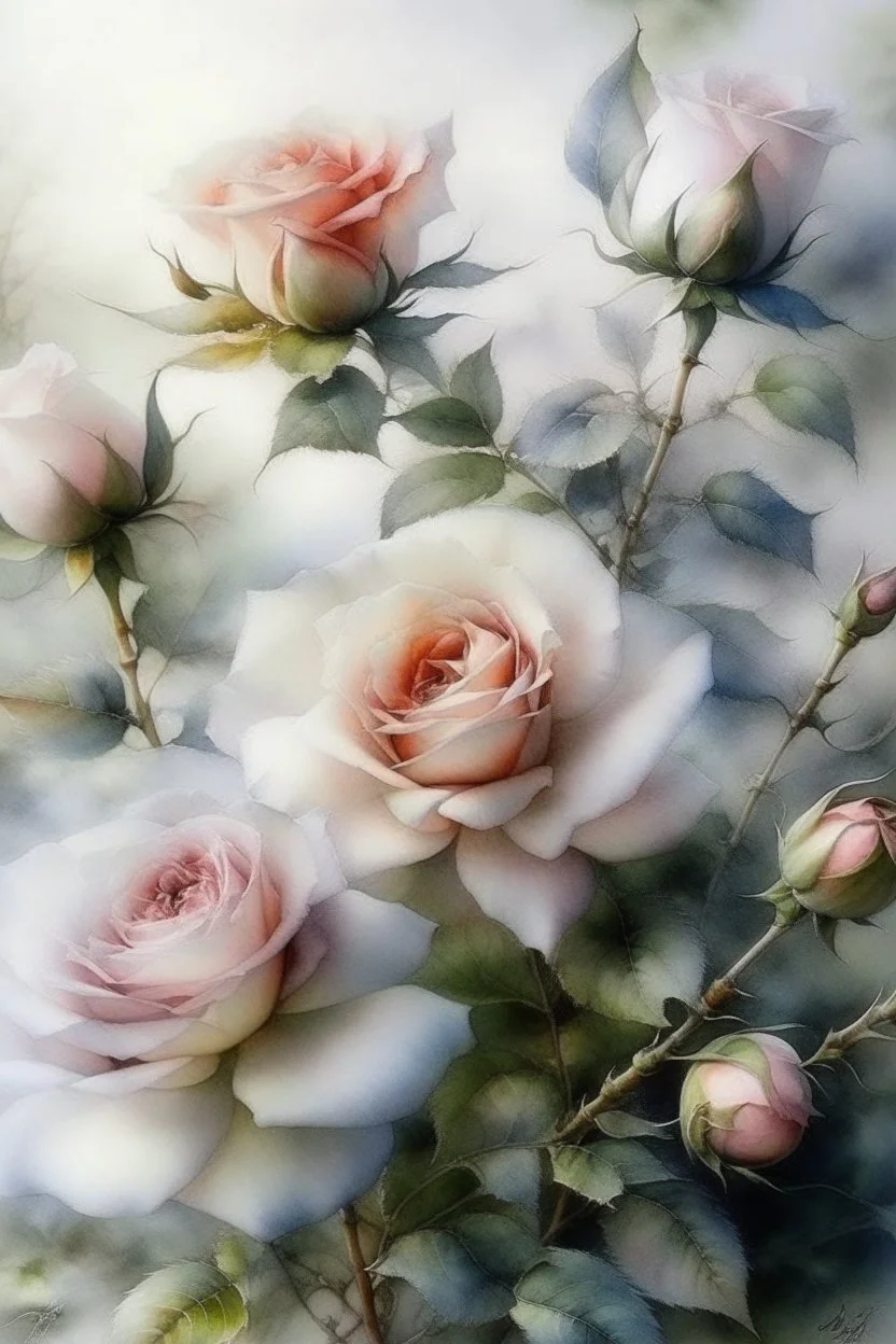 62. English watercolor, tea roses, drawing, beautiful landscape, fog, many details, delicate sensuality, realistic, high quality, work of art, hyperdetalization, professionally, filigree, silver haze, hyperrealism, professionally, transparent, gently pastel tones, backlight, contrast, fantastic, fabulous, unreal, translucent, glowing, clear lines, epic fabulous, 30mm lens, ISO 100, pixel graphics