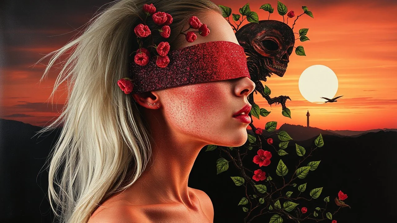 Abstract Art, Collage, Thomas Ligotti, Mannequin World, In Space They Can't Hear You Scream, Dave McKean, Inspired by Zdzislaw Beksinski's Nightmarish Paintings, Wassily Kandinsky, Double Exposure, Sunset, Gnostic Tragedy, Sinister, Woman, Long White Hair, Made of Glitter Texture, Blush, Blindfolded, Vine Design, Raspberry, Surreal, Futuristic, Black Open Background, Peach Skin, Leafy Textures, Shiny Plastic, Organic Aesthetics, Rose Red Tint, Green Leaves, Alien Design, Mutant Structure, Red Mo