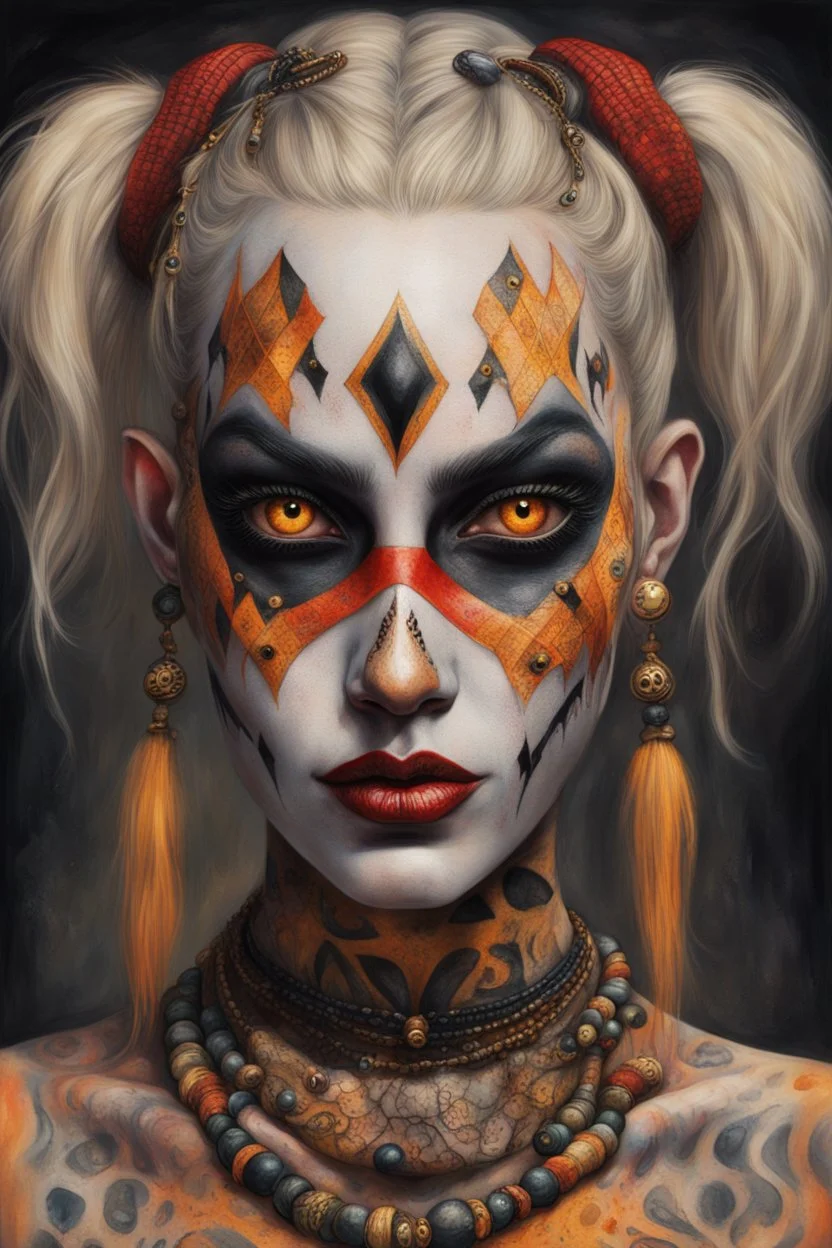 realistic portrait of harley quinn Hyperrealism, Ethereal portrait of a mystical being with tribal features, vibrant orange eyes, reptilian pupils, intricate scale-like patterns around the eyes, pale skin adorned with freckles, tribal tattoo on the nose bridge. Adorned in a weathered yellow tribal mask with dark markings, a central rivet, necklaces of gold, black, and red beads, a rustic red and dark green scarf with intricate designs, and small earrings. Serene expression, intense gaze, desatur