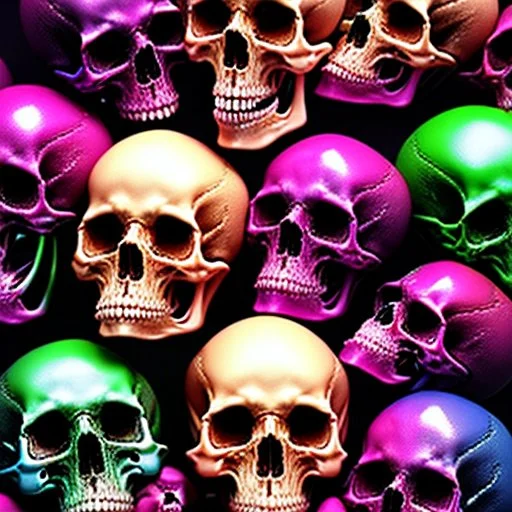 a picture of a dark, comedic, anatomically correct wall of colorful skulls of varying sizes and expressions, photo realistic, insanely meticulous, highly detailed, part of a collection of bones on display, 64k, dystopian, vray