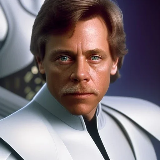 extremely detailed 8k hyperspace wallpaper,complete and photo realistic detailed head to waist stunning photo realistic portrait of mark hamill as luke skywalker in star wars with short lenght, Symmetrical, soft, fine, warm, photo realistic hair, blue eyes, professional majestic photo realistic painting by Ed Blinkey, Atey Ghailan, by Jeremy Mann, Greg Manchess, Antonio Moro, trending on ArtStation, Intricate, High Detail, Sharp focus,dramatic, by greg rutkowski,harsh and rough face,gala uniform