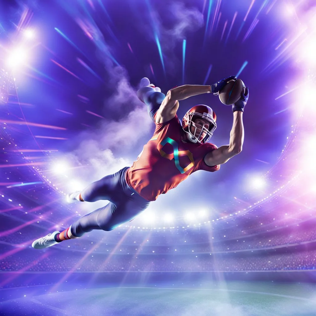 colourful rounded infinity symbol ∞ on shirt, American football player diving with an American football in both hands to score a touch down, striking, vibrant, chiaroscuro, dramatic, captivating, powerful, beautiful, octane render, 16k post-production, artstation: award-winning: atmospheric: commanding: fantastical: clarity: ultra quality: striking: brilliance: stunning colors: amazing depth; lens: f/11, 35mm