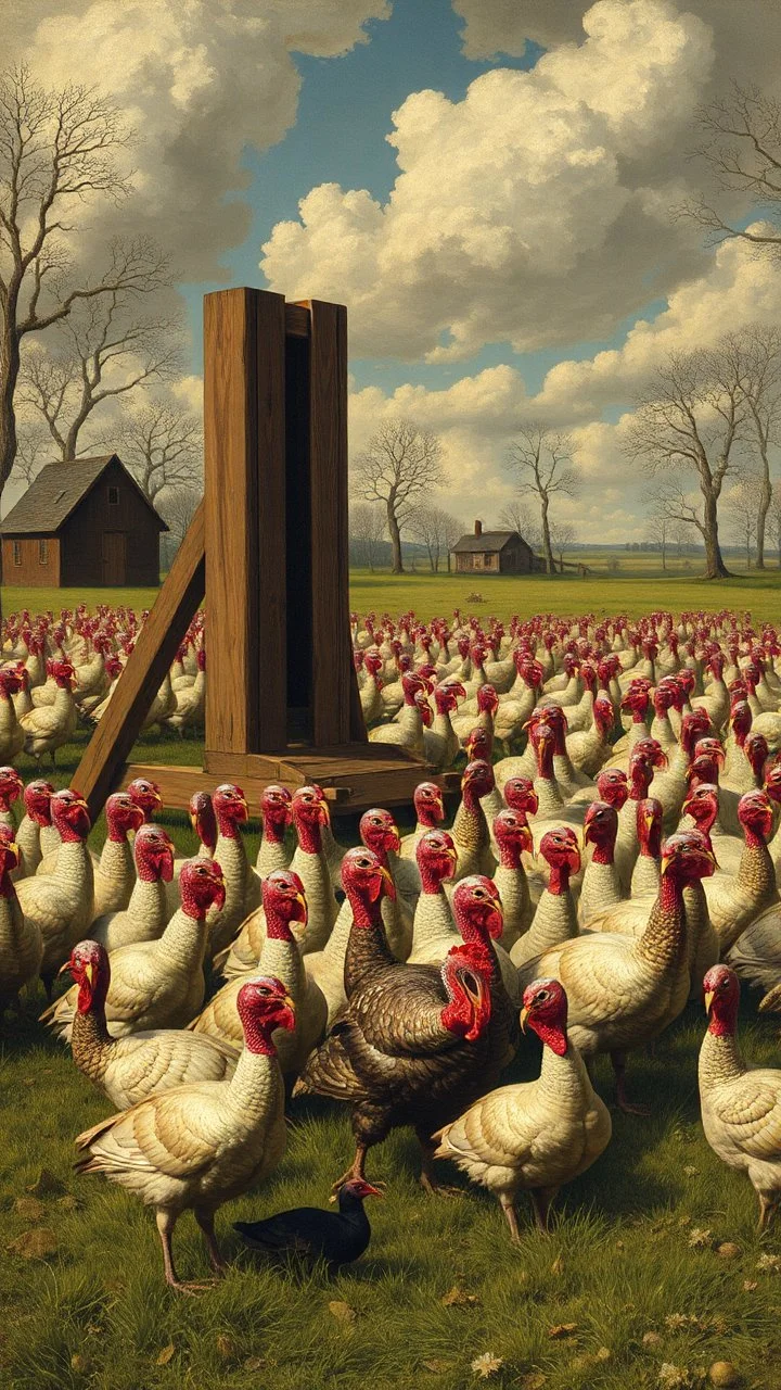 Hieronymus Bosch style , field full of turkeys by the French guillotine