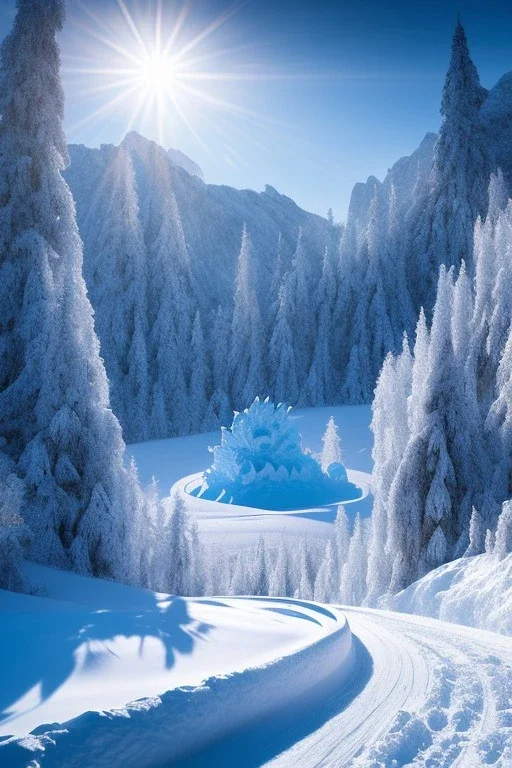 Giant ice monster in distance on winter mountain, dramatic scenery, cold light