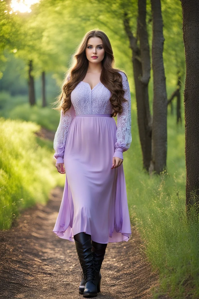 full body standing beautiful 20 year old girl with ash brown hair and blue eyes with her long hair down,curvy body , wearing a sleeved shirt and nice sarifon dress, and lilac long leggings, with long black boots full body shot,country side among trees