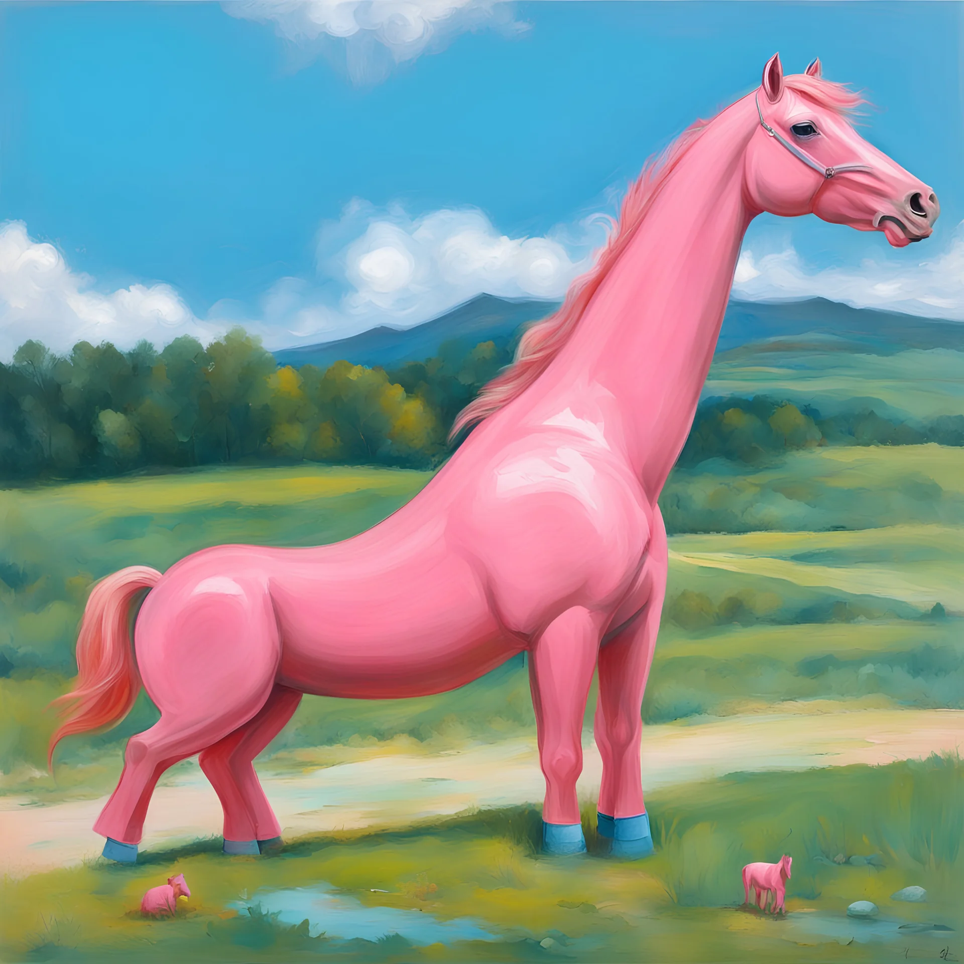 Big pink plastic toy horse.19th painting