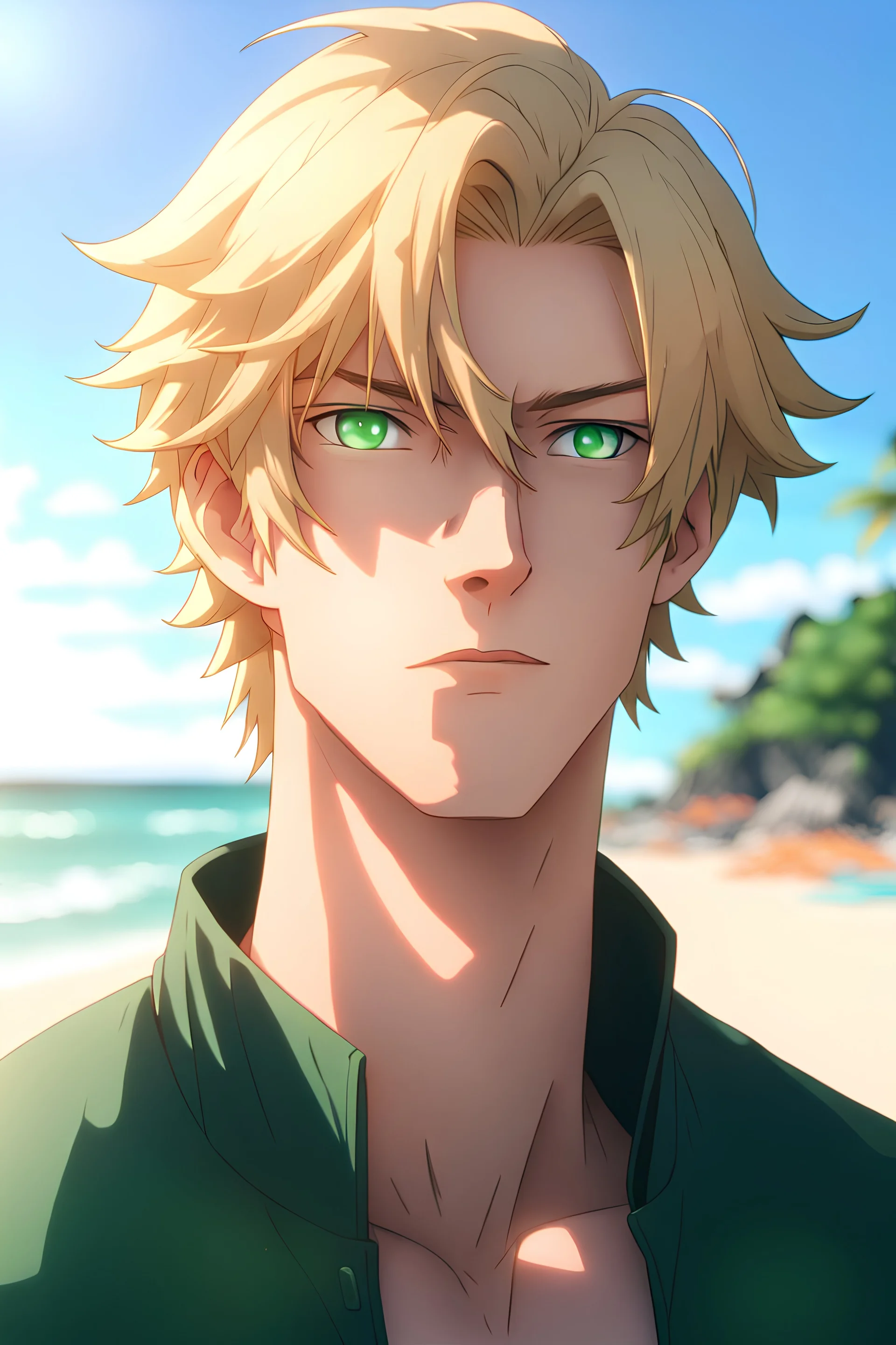 [Waterscape] The handsome and perfect portrait is on Spruce Street, an anime, blonde-haired, and green-eyed male character on the beach for the magazine. [8K resolution, high quality, ultra graphic, and detailed with lines.]