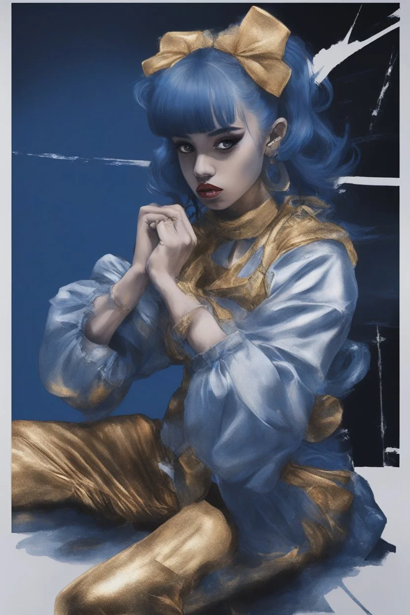 Poster in two gradually, a one side the Singer Melanie Martinez face, another side "goku", full body, sit pose, painting by Yoji Shinkawa, darkblue and GOLD tones,sinister, detailed iridescent, metallic, translucent, dramatic lighting, hyper futuristic, digital art, shot with Sony Alpha a9 Il and Sony FE 200-600mm f/5.6-6.3 G OSS lens, natural light, hyper realistic photograph, ultra detailed -ar 3:2 -q 2 -s 750,malevolent goth vampire girl face and other side