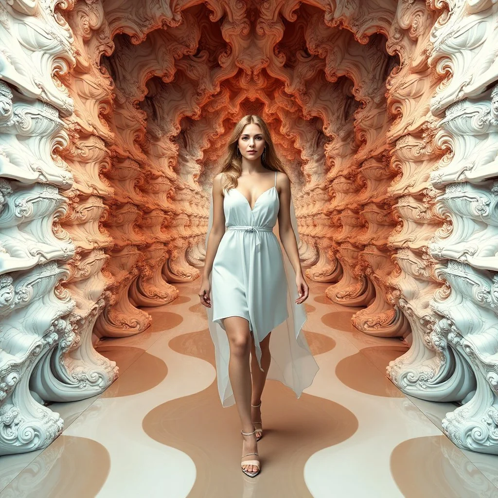 A full-body shot of a beautiful lady walking and looking at the camera 3D fractal recursive structure environment