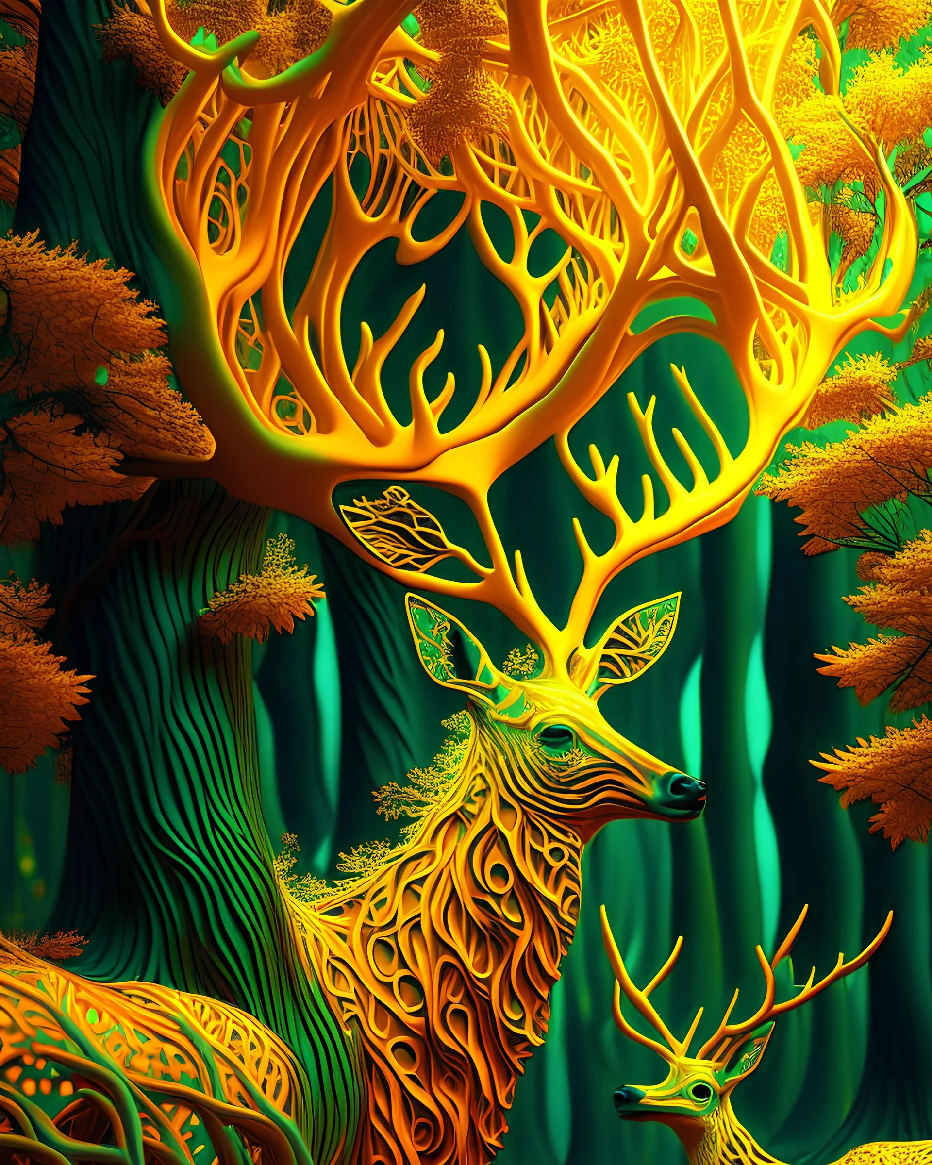 Green trees forest fractal art hyper-detailed intricate shocking artwork yellow deer cream orange 8k