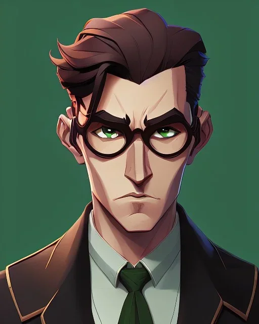 Fit man in round glasses, wavy hair, stubble, slim, tie, monotone, green eyes, comic book style, two tone colours, detailed, ink, realistic, handsome, square jaw, big brows, no jacket, bird on the shoulder, spotlight