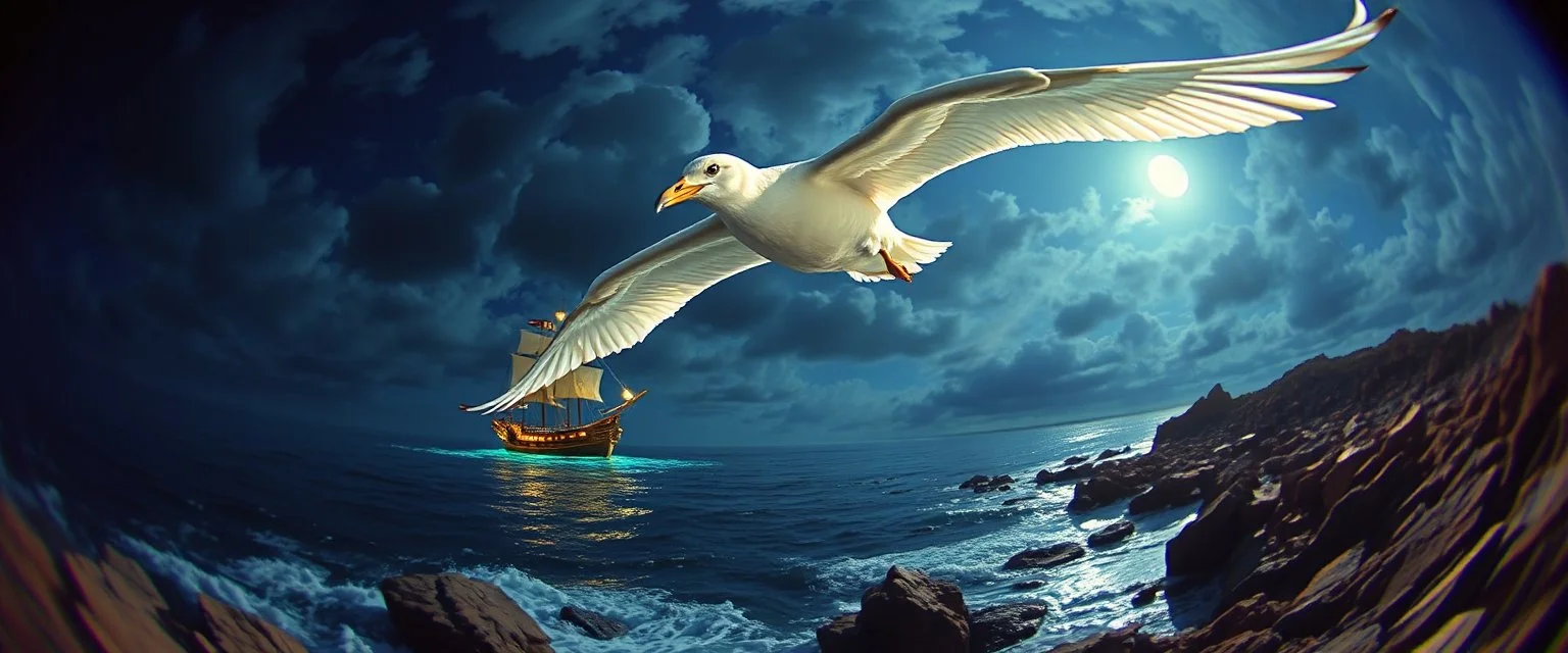 fish eye lense, pin hole cam, master oil painting by Rembrandt, By moonlit cove over glowing pirate ship, A ghostly swan dragon, iridescent feathers, swoops silently over the cove. Comment: "I have circled this coast since the world was young. Driftwood sings in knotted tongues, yet I hear your echo in each pulse. Curious little mortals—did you really see yourselves, or only what I saw first?"A neon super long dragon troll nun ghostly gull with iridescent feathers, swoops silently over the