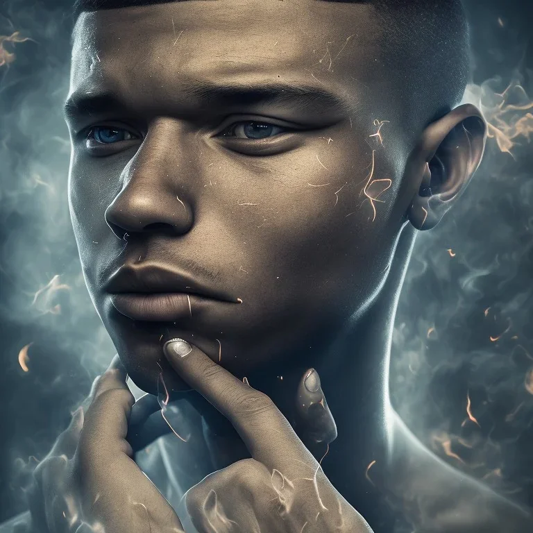 portrait photography of perfect face mbappe crying, Fire theme art, Dark moody night atmosphere, 8K, close-up face, ignore NSFW,magic,city, steampunk, chief ,apocalypse, set , sorrow,cyborg,