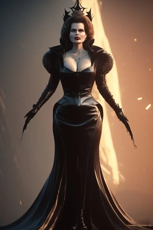 Geena Davis as evil queen in black leather gown, evil, busty, cleavage, curvy, angry, stern look. character design by cory loftis, fenghua zhong, ryohei hase, ismail inceoglu and ruan jia. unreal engine 5, artistic lighting, highly detailed, photorealistic, fantasy