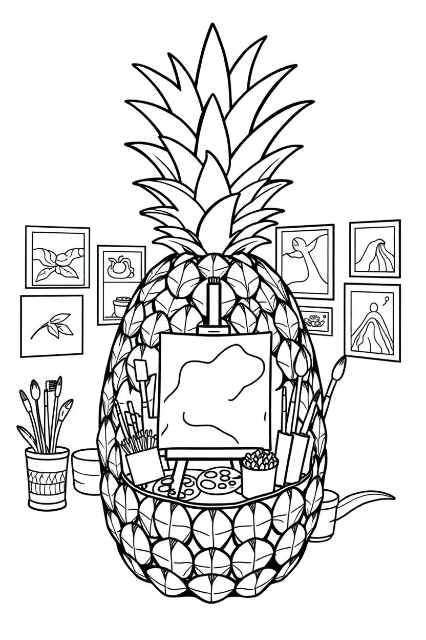 Pineapple Cozy Art Studio Coloring Page: A pineapple cross-section displaying an art studio. Features an easel, paint palettes, brushes, and artworks hung on the walls.