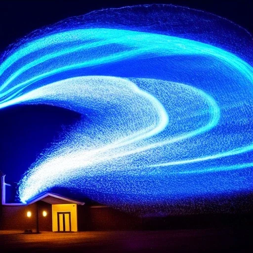 Icy Bright blue light painting at night of Electron Storm in the shape of vertigo kissing