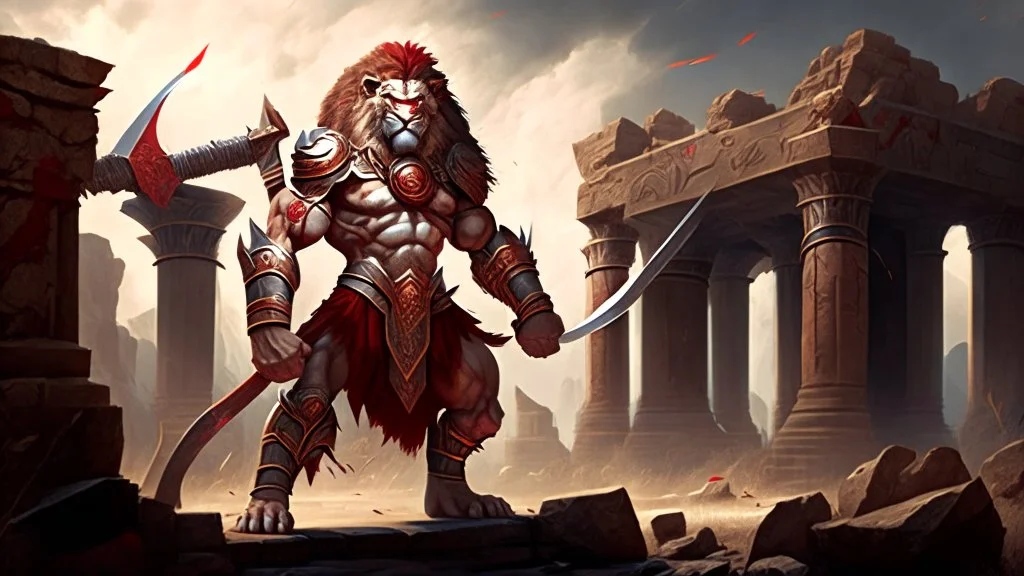 A muscular anthropomorphic lion with red eyes, wielding a bow, wearing armor, standing in a battle-ready pose with ancient ruins in the background