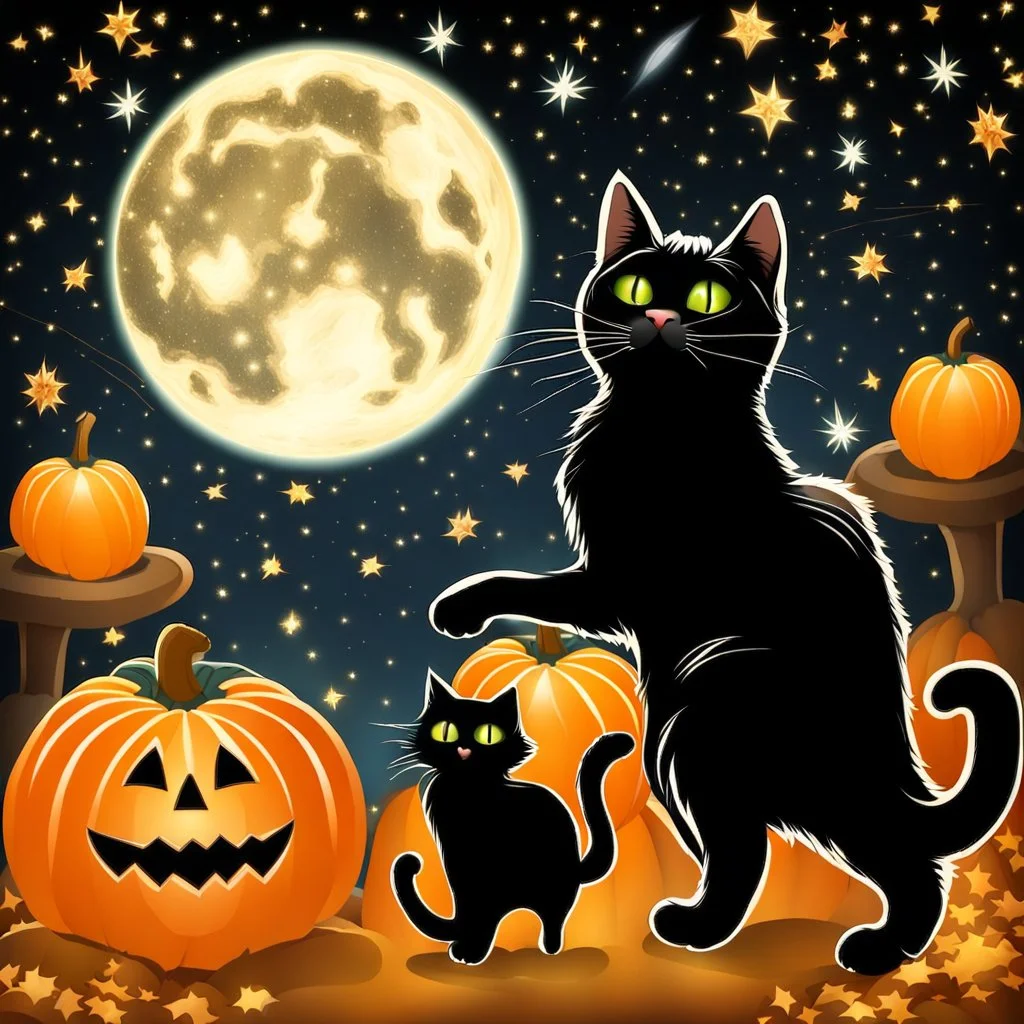 black cat on Halloween dancing with pumpkins in the photo of the starry sky