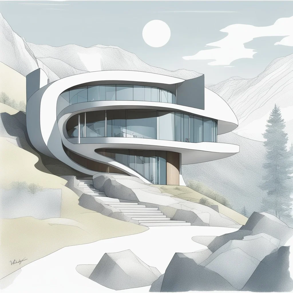 Architectural drawing of a futuristic cabin with a shape inspired by the infinity symbol in plan and the cross in elevation. Glass facades are sandwiched between the curved walls, which are steps leading up to a terrace. There is a driveway leading to the house on the side of the hill, with a luxury jeep parked. There are hikers in the distance and the silhouette of a bird in the clear blue sky and summer weather. green trees