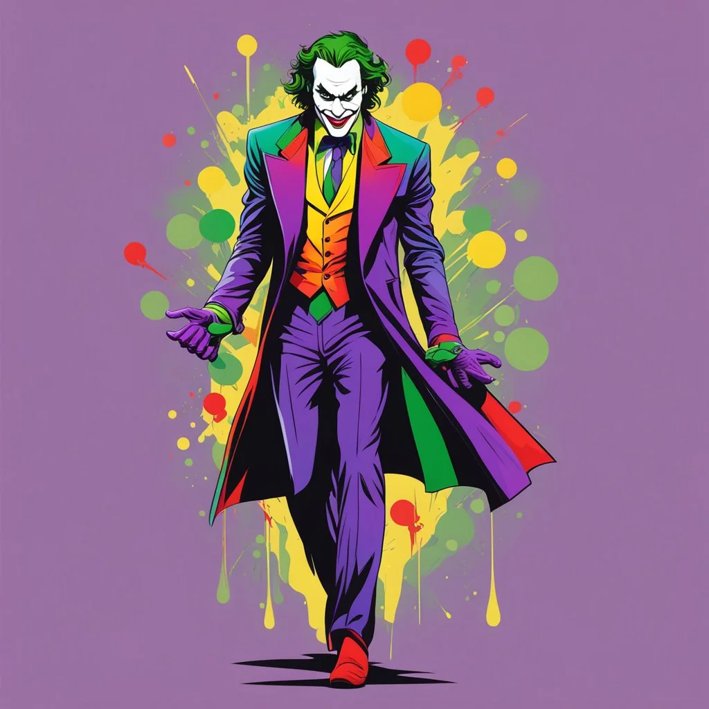 Ilustración vectorial de el Joker, colores contrastantes, rojo, amarillo, verde, azul, violeta, full body